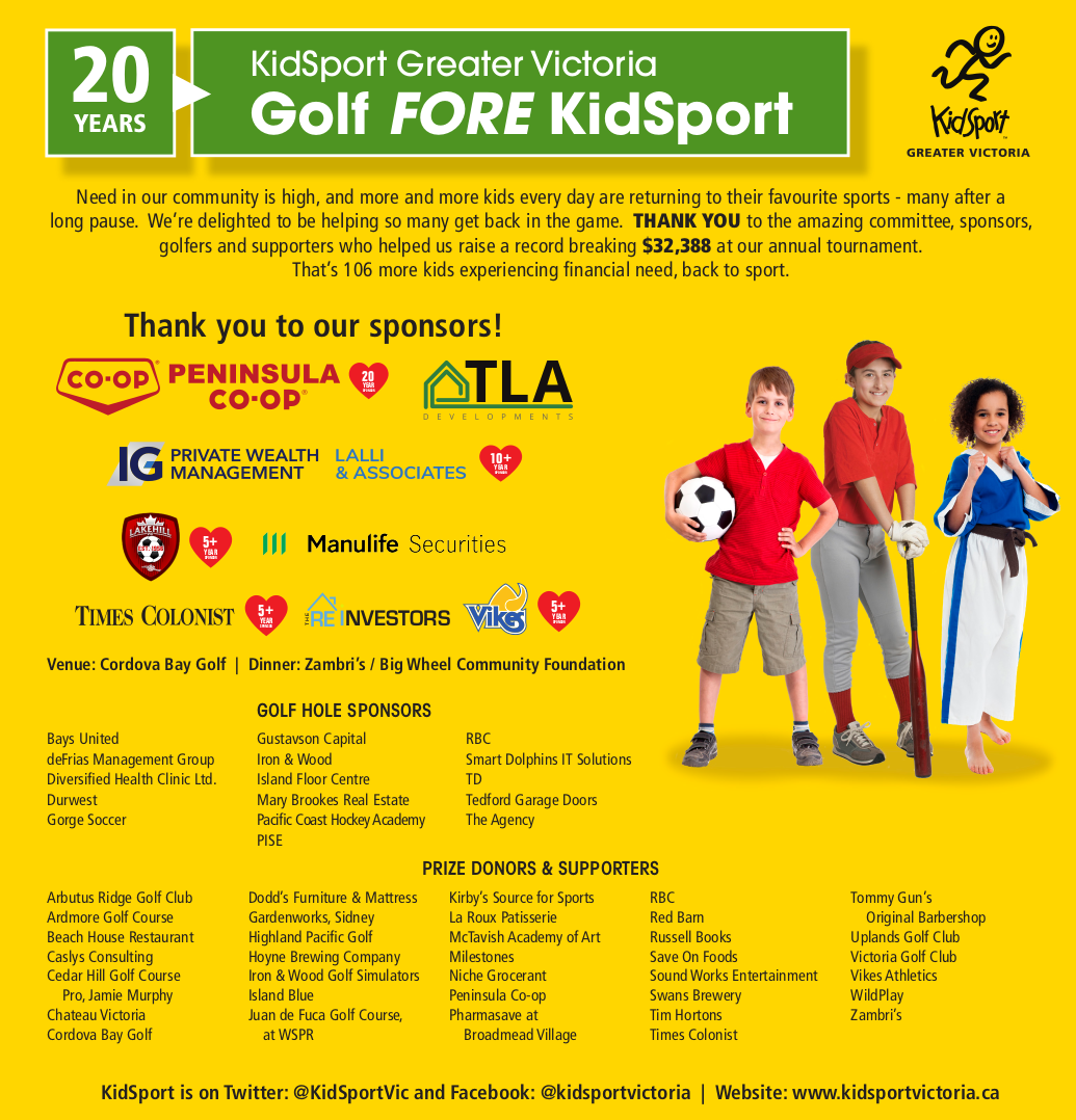 The Golf Fore KidSport event was a huge success! Ad features event sponsor logos and three smiling kids wearing sports uniforms.